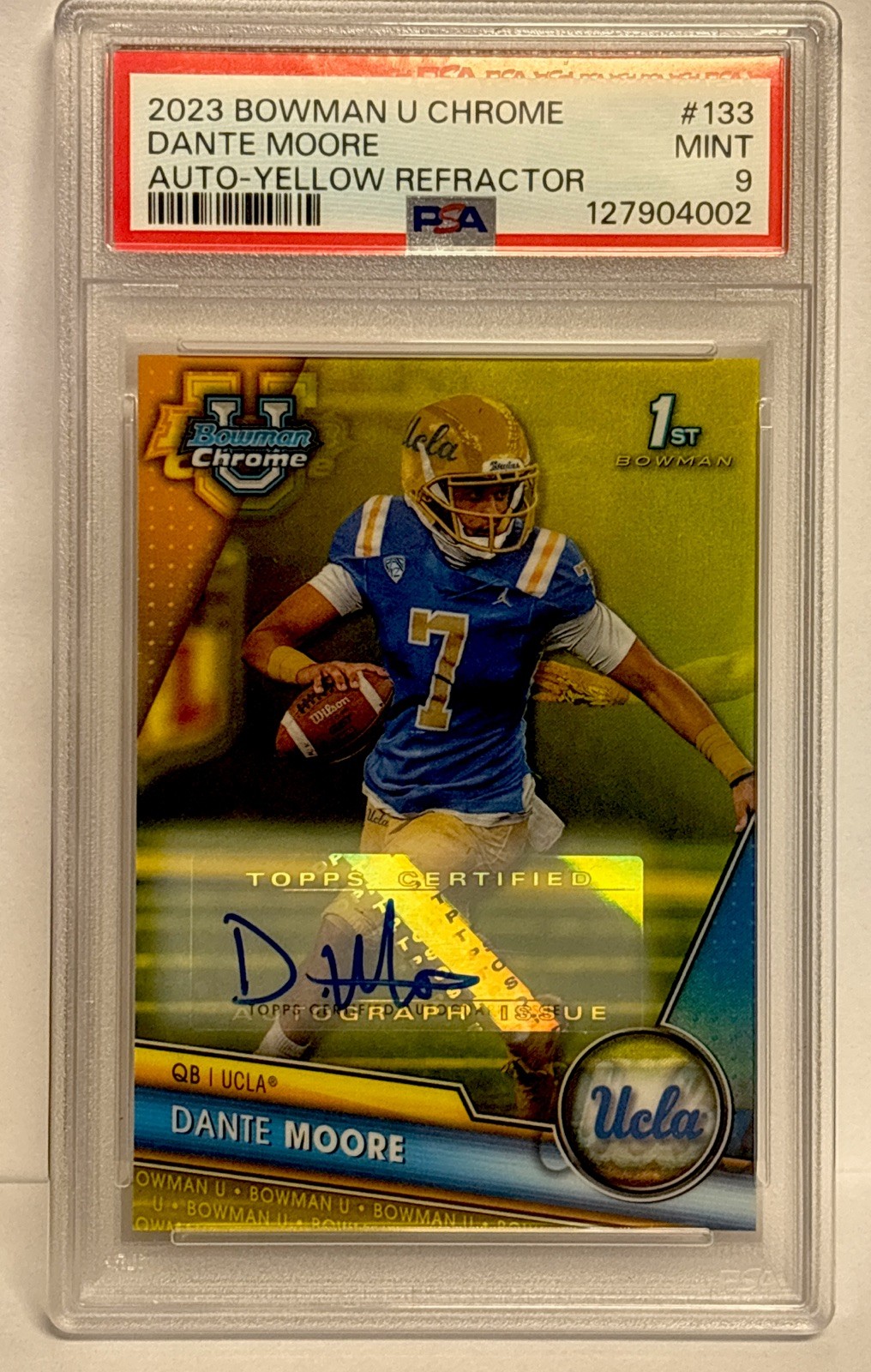 2023 Bowman U Chrome Dante Moore Auto 1st Yellow Refractor #/75 PSA 9