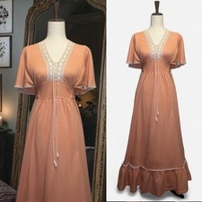 Vintage Orange Solid Maxi Dress V-Neck Short Sleeve Lace Trim Maxi Dress M