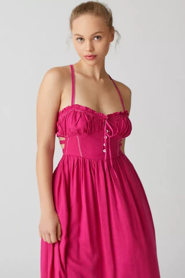 UO Cora Linen Open Back Midi Dress Urban Outfitters Pink Adjustable Tie XS  NEW | eBay