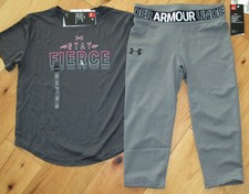 Under Armour Stay Fierce top  gray crop capri leggings NWT girls M YMD 10 12