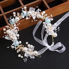 Wedding Hair Accessories for Kids, Flower Girl Hair Flower Pearl Blue