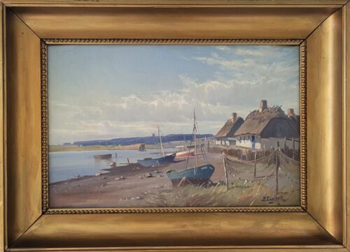 Antique oil painting. Frederik Engelfelt(1876-?):”A small fishing community” - Picture 1 of 4