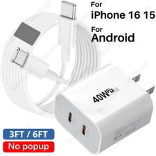 For iPhone 16 15 Samsung USB-C to USB-C Cord PD 40W Fast Wall Charger Power Plug