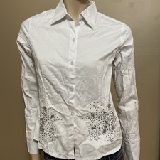 Women  s White Cotton Classic Casual Button Beaded Embroidered Size S Top Shirt