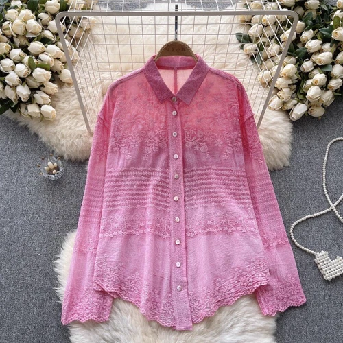 Lady Blouse Shirt Top Lace Floral Embroidery Button Ethnic Long Sleeve Basic New - Picture 5 of 31