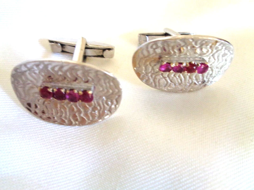GEMELOS RUBÍ NATURAL ORO MACIZO 18K VINTAGE 13 GRAMOS 1980 ORO BLANCO HECHOS A MANO Foto 3 de 4