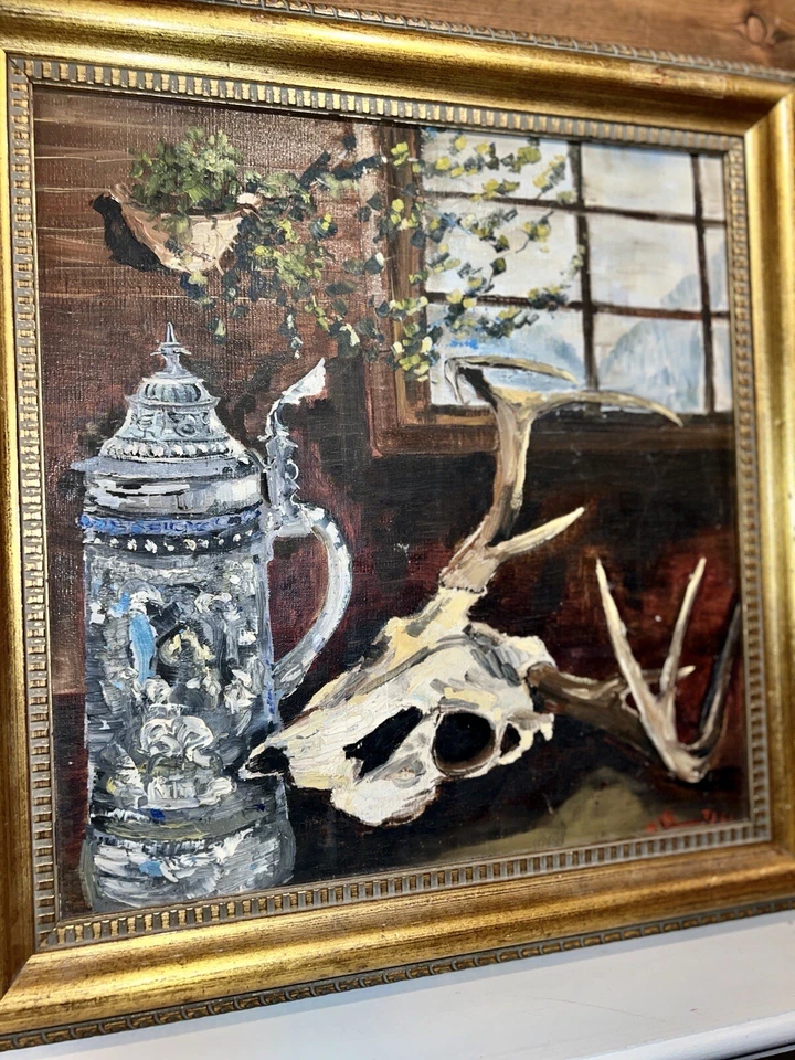 PINTURA AL ÓLEO VINTAGE MODERNA DE MEDIADOS DE SIGLO MCM BODEGÓN ABSTRACTO FIRMADA 1961 Foto 4 de 4