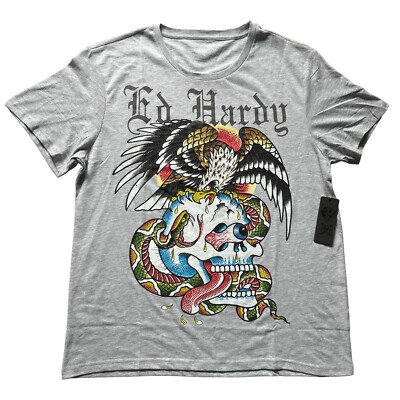 Ed Hardy Shirt Men's Large Gray Embellished Rhinestone Snake Eagle Skull NWT