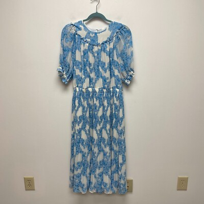 Current Air Anthropologie Blue Ruffle Short Sleeve Round Neck Lined Midi Dress M