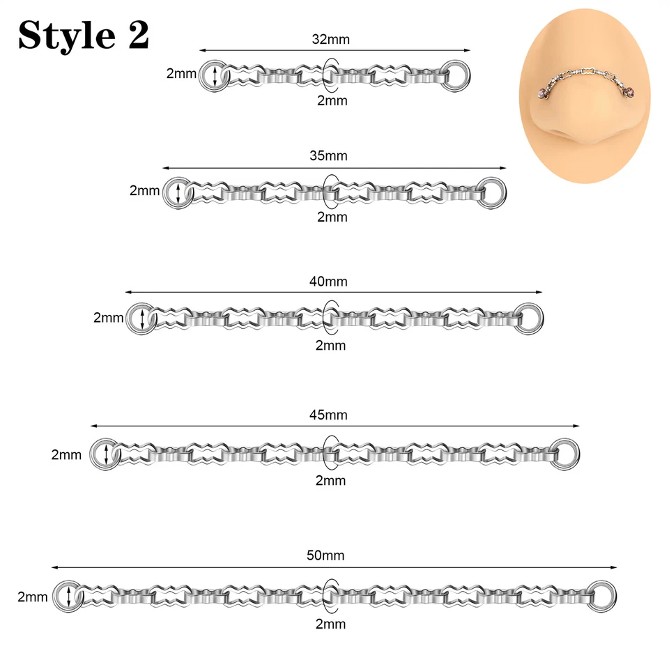 5 piezas cadenas para nariz de acero inoxidable doble nariz perforación puente fosa nasal joyería Foto 3 de 4