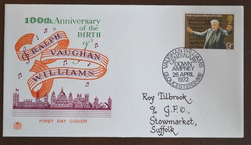 April 1972; Stuart First Day Cover; Vaughan Williams Birthplace Postmark