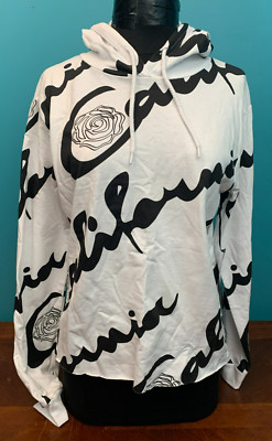 On Fire California & Roses Junior's Cropped Hoodie - Size XL, White & Black