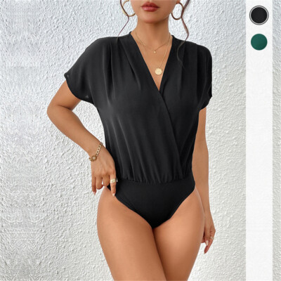 MANGOPOP Women's V Neck Bodysuit - Short Sleeve Modal Top With Snap Closure, Black X-Small