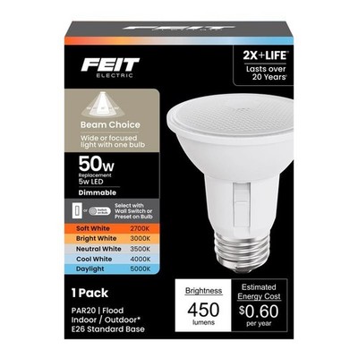 Feit PAR20 E26 (Medium) Smart-Enabled LED Bulb Adjustable White 50 Watt Equiv