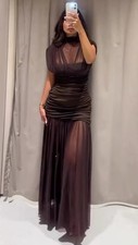 ZARA BNWT 2025. CHOCOLATE DRAPED CONTRAST TULLE MIDI DRESS. SIZE S