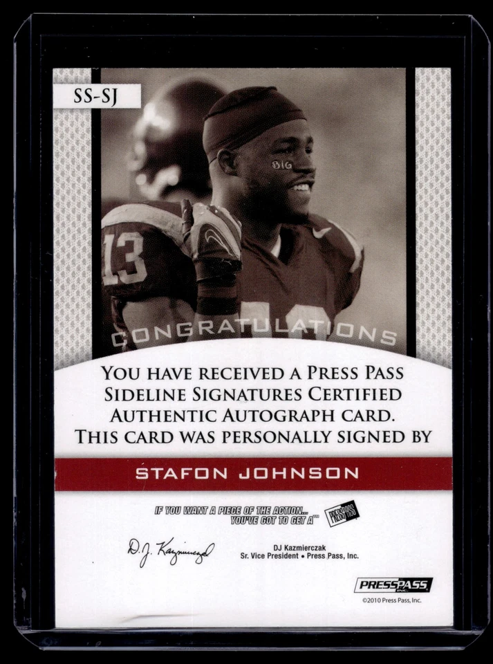 Stafon Johnson 2010 Press Pass Sideline Signatures Autograph Auto Card #SS-SJ - Image 2 of 2