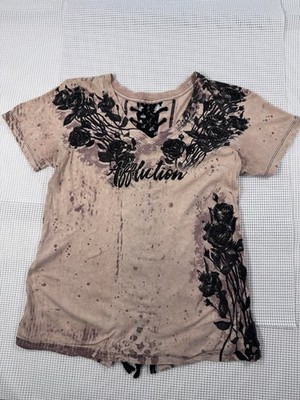 (806) Affliction Women S Lace Up Back Rose Graphic Tee Studded Biker Goth Top