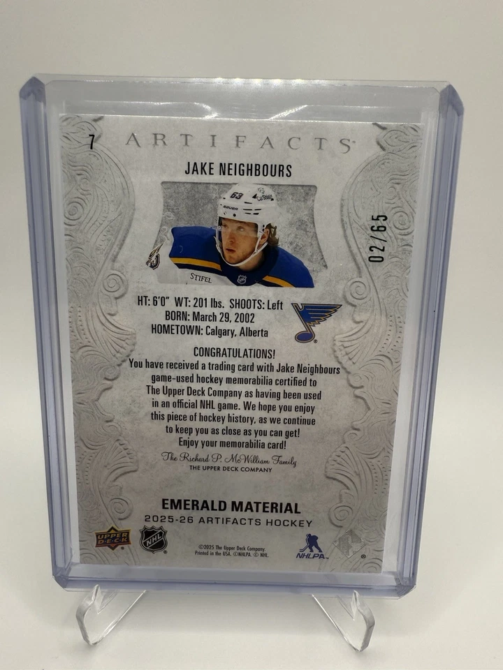 2025-26 Upper Deck Artifacts Jake Neighbours Material Emerald Parallel /65 - Image 2 of 2