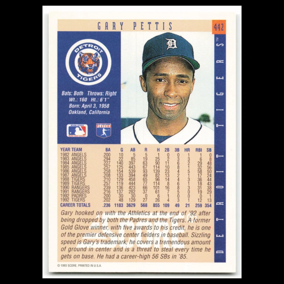 Gary Pettis #442 1993 Score Detroit Tigers Baseball Card MLB NM - Image 2 of 3