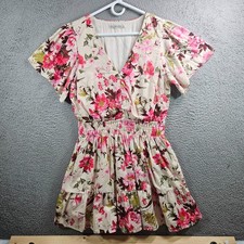 Abercrombie & Fitch Mini Dress Large Elastic Waist Linen Blend Floral Beige