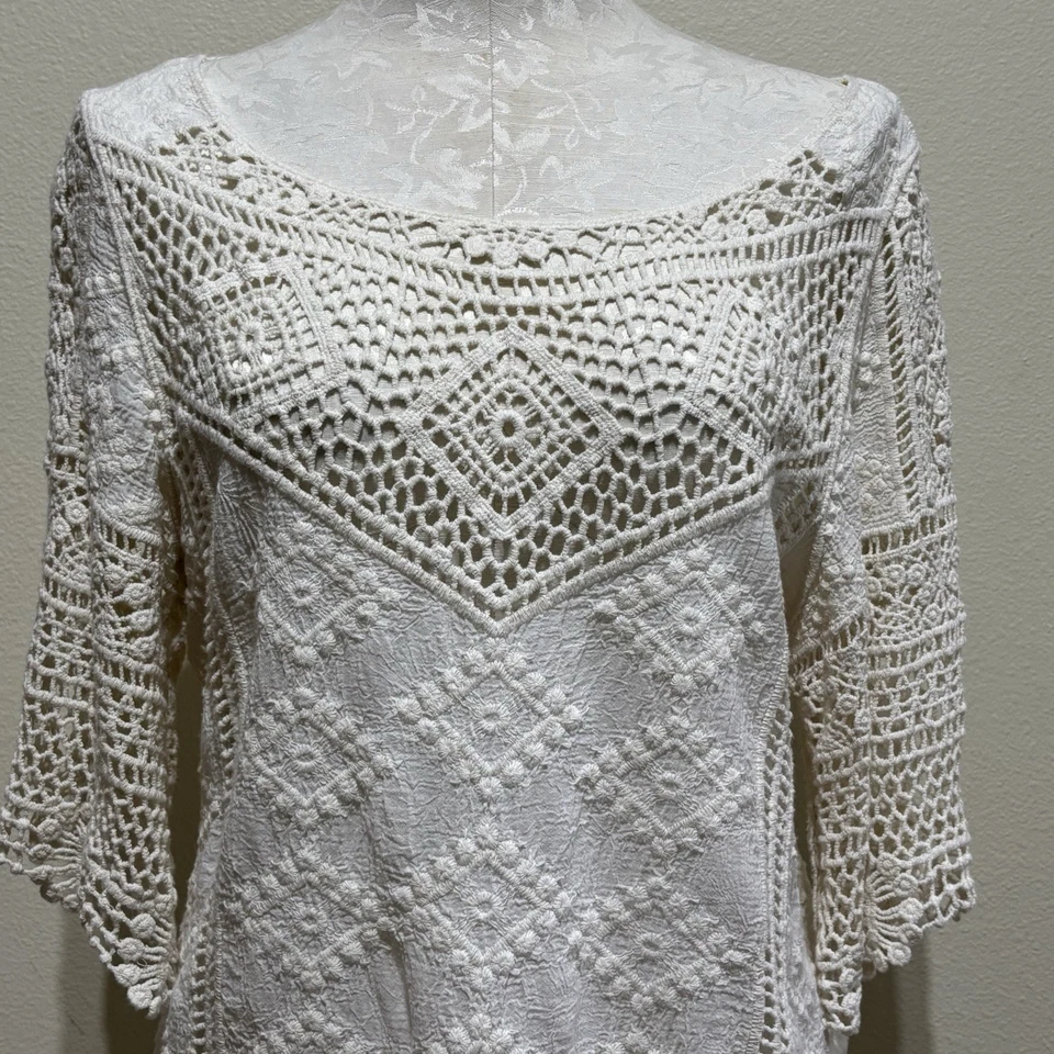 Pullover Boho Democracy Mediano Marfil Crochet Bordado Campesino Playa Foto 2 de 4