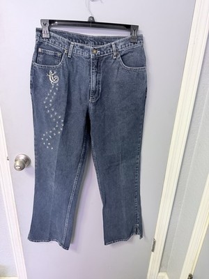 Le  Chic Boho Embroidered Dark Blue Denim Jeans with Gekko Design, 32  Waist.