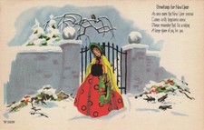 Vintage New Year Postcard Winter Girl Snow Gate W1029 Made in USA