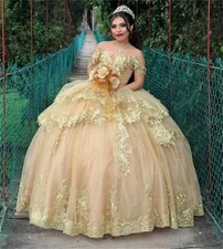 Gold Quinceanera Dresses Shiny Lace Sequins Appliques Prom Ball Gowns Sweet 16