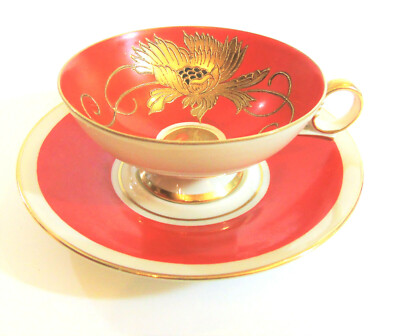 Shau Bach Kunst Wallendorf Cup & Saucer Set Red Orange Ornate Gold Relief Flower