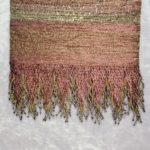 FRENCH Art Nouveau Steel Micro Beaded Fringed Purse w/ Chain PINK, GOLD & SILVER - Picture 8 of 17