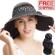UPF 50 Sun Visors for Women Wide Brim Beach Hat Foldable Straw Ponytail Summer