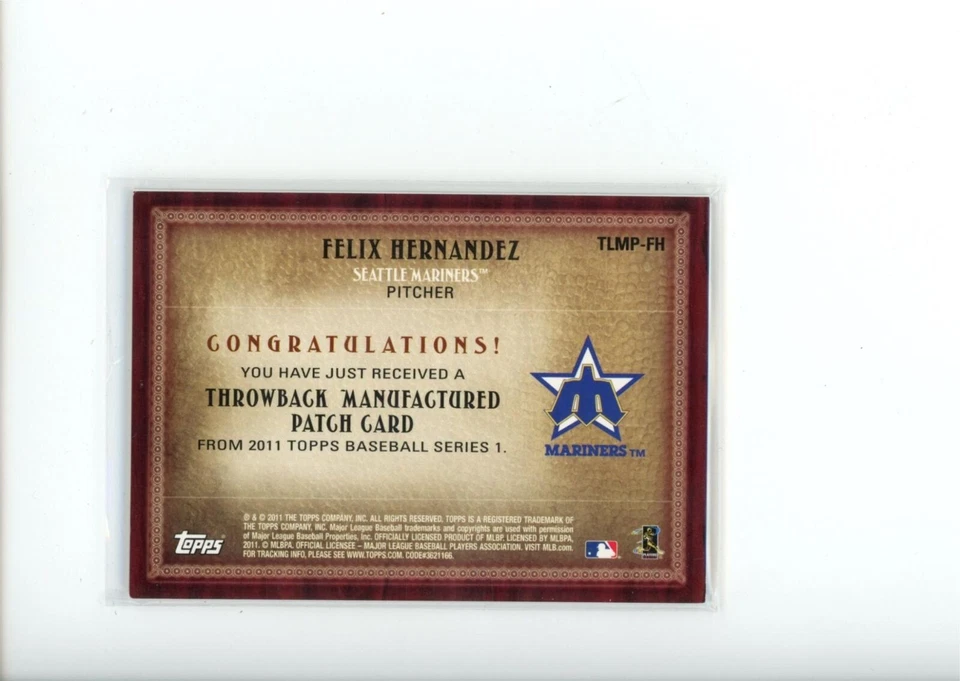 2011 Topps Series 1 Baseball Felix Hernandez #TLMP-FH Mariners Throwback Patch - Image 2 of 2