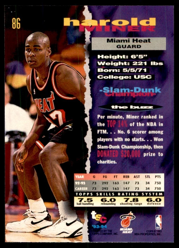 1993-94 Stadium Club Harold Miner Miami Heat #86 - Image 2 of 2