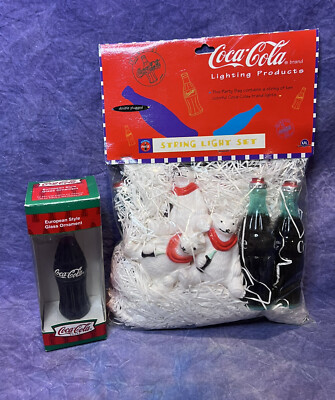 Coca Cola Holiday Set - Polar Bear String Light Set,  Coke Bottle Ornament NIB