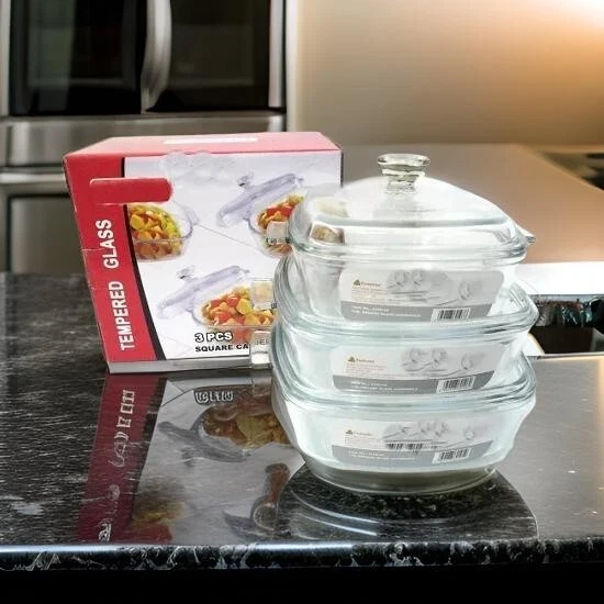 Set Of 3 Glass Casserole Dishes With Lid Oven Proof With Handles 0.8/1.2/1.5 Ltr - Image 3 of 4