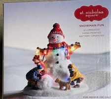 St Nicholas Square Village "SNOWMAN FUN" - Kids, Dogs - LED Lighted  - NIB