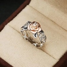 Rose Flower Ring Size 7 Silver & Rose Gold Tone Floral Band Brand New