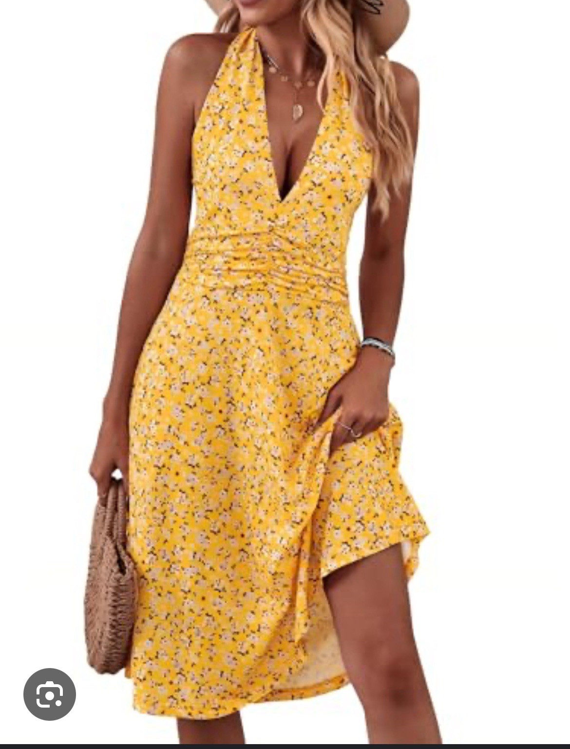 Women's Sleeveless Halter Neck Sundress Floral Mini Dress with Pocket Ruffle