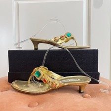 Manolo Blahnik STUNNING Vtg Y2K Cesabi Gold Pink Green Jeweled Kitten Heels 37.5