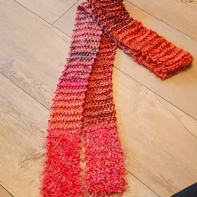 Handmade Knit Yarn Rectangle Scarf w/ Crochet Accents, Women, Orange Pink Brown