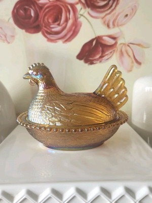 Iridescent Indiana Carnival Glass Amber Gold Hen on Nest Covered Candy Dish