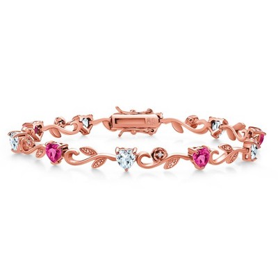 18K Rose Gold Plated Silver Heart Shape Pink Created Sapphire Aquamarine and