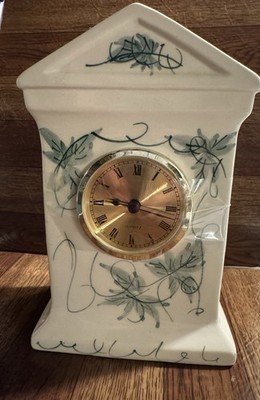 Porcelain Mantel Clock White/Green Floral Signed Roman Numerals Quartz Battery