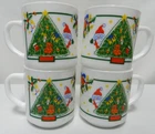 Arcopal France Milk Glass Mug Cup Set 4 Christmas Santa Tree Bear Bells Vintage