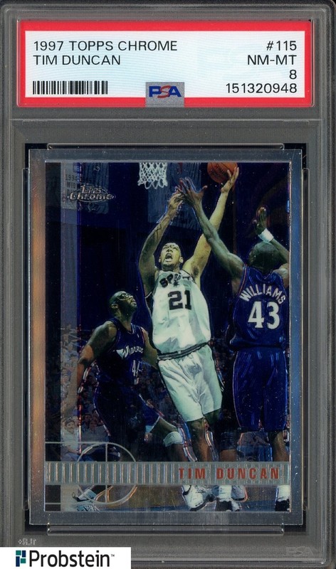 1997-98 Topps Chrome #115 Tim Duncan Spurs RC Rookie HOF PSA 8 NM-MT