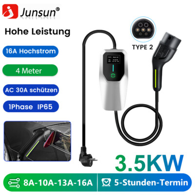 EV Ladegerät Ladekabel Typ 2 230V 16A 3,5kW Mobile Wallbox EU Ladegerät 6-16A 4m