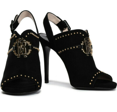 ROBERTO CAVALLI LOGO EMBELLISHED SUEDE SLINGBACK BLACK SANDALS Sz. 39EU / 8.5US