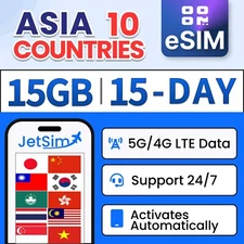 Asia 10 Countries eSIM - 15GB High-Speed, 15 Day JetSim/Travel SIM