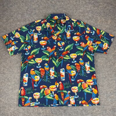 Benny's Hawaiian Button Up Shirt Parrots Cocktails Cotton USA Made Mens XL