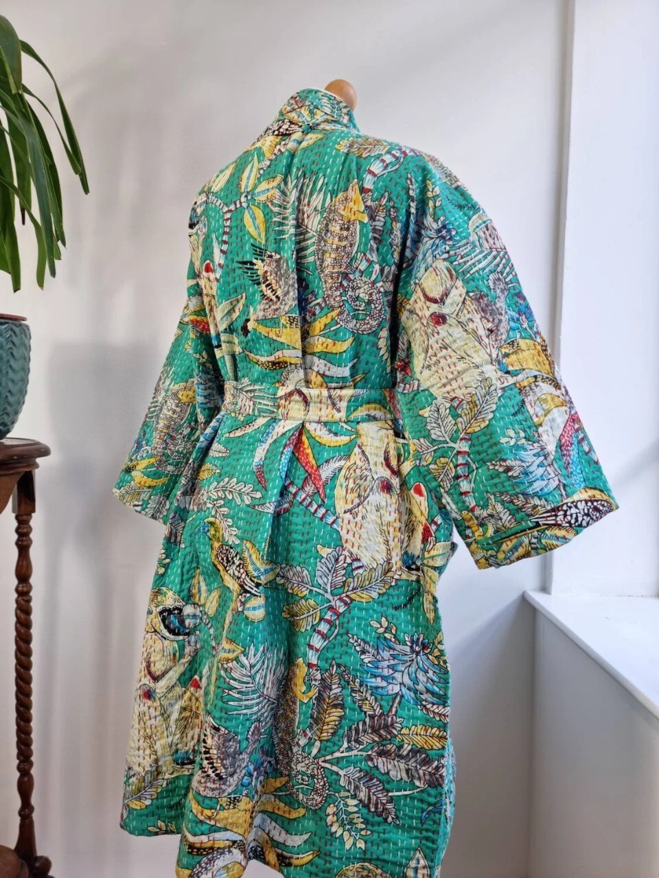 Indien Coton Long Kimono Vert Singe Imprimé Femmes Pyjama Robe de